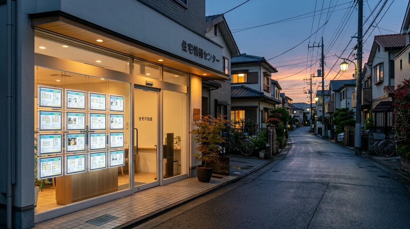 夕方の住宅街を歩く人と並木道の遠景